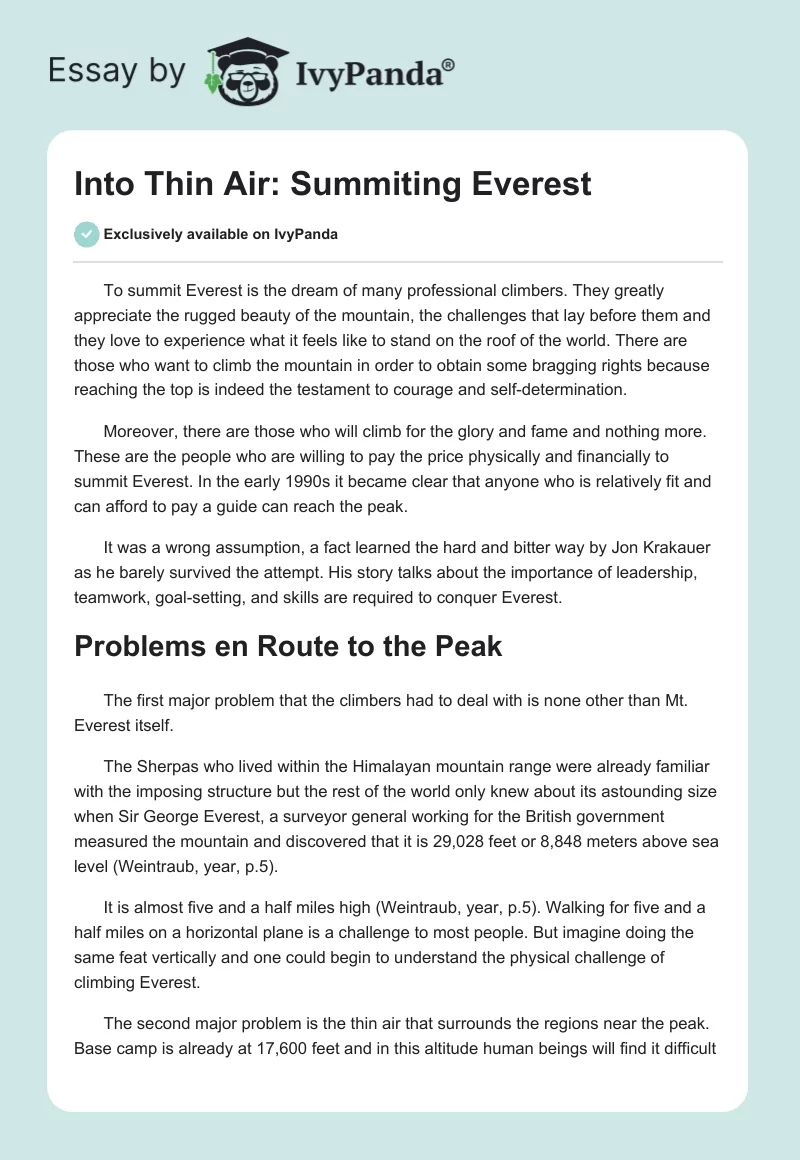 Into Thin Air: Summiting Everest. Page 1