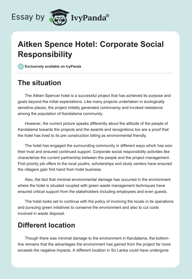 Aitken Spence Hotel: Corporate Social Responsibility. Page 1