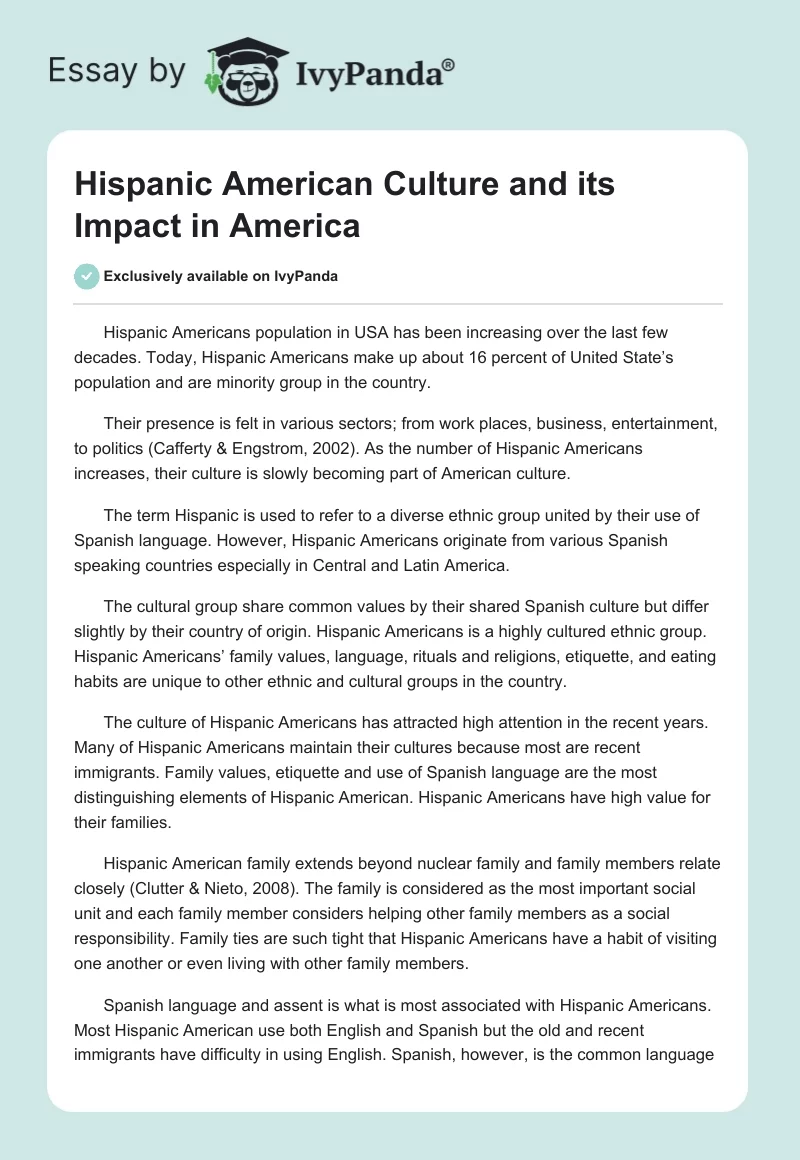 Hispanic American Culture and its Impact in America. Page 1