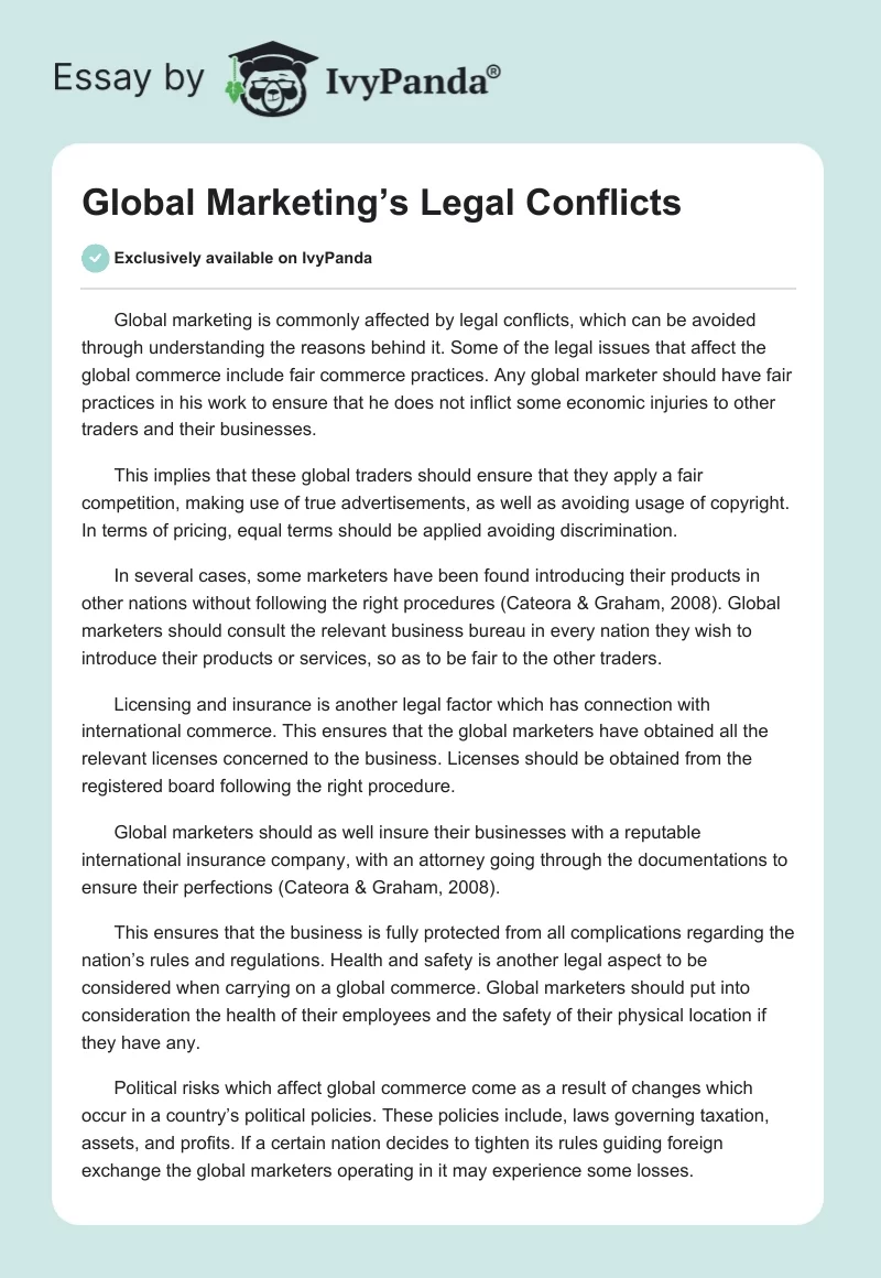 Global Marketing’s Legal Conflicts. Page 1