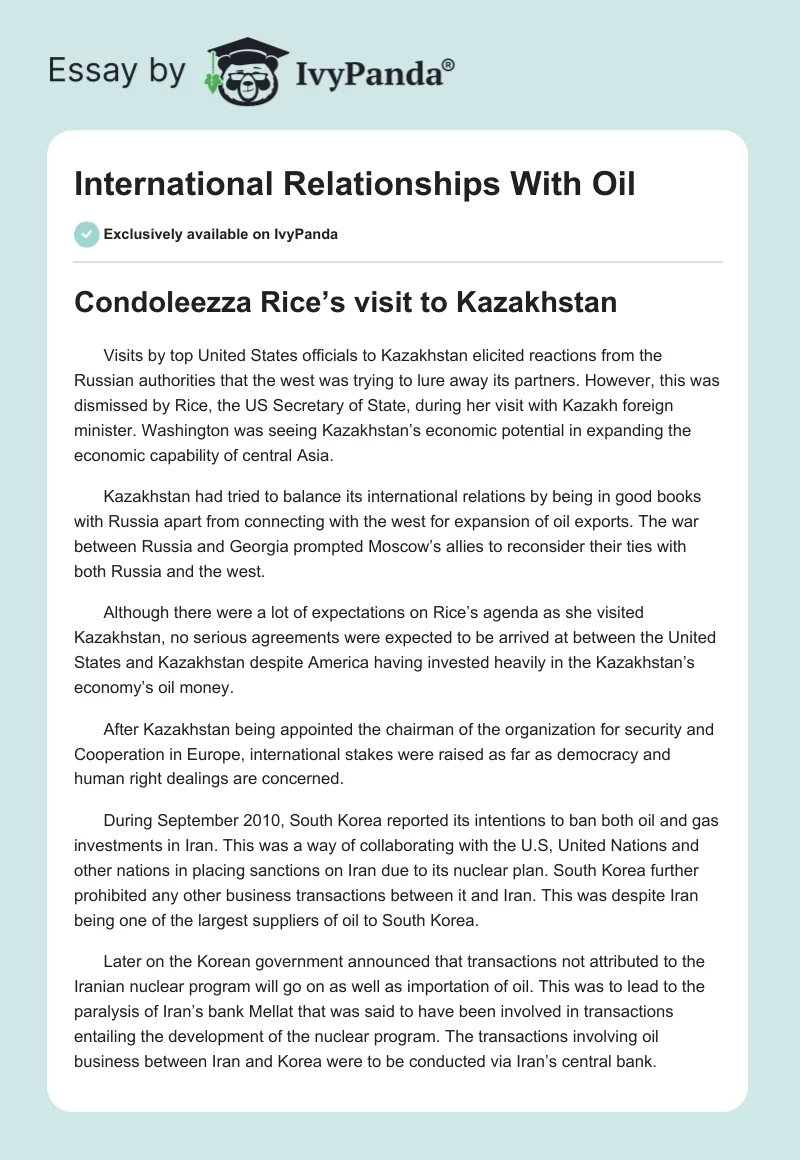 International Relationships With Oil. Page 1