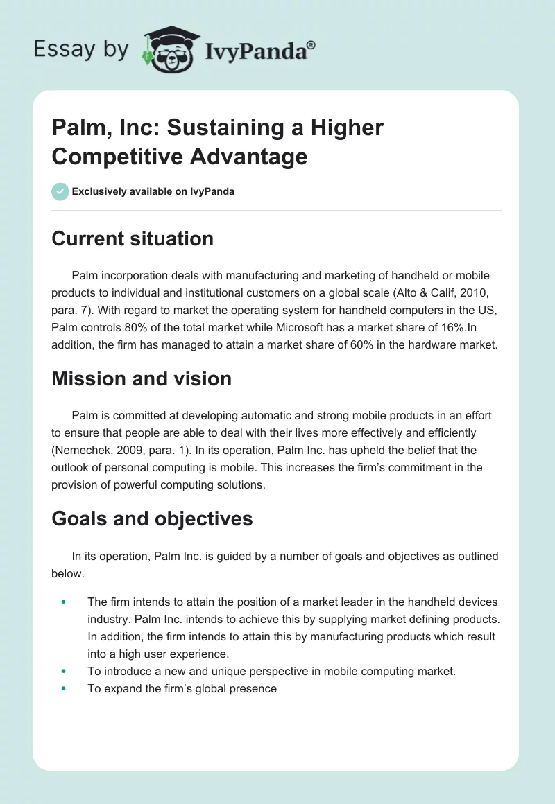 Palm, Inc: Sustaining a Higher Competitive Advantage. Page 1