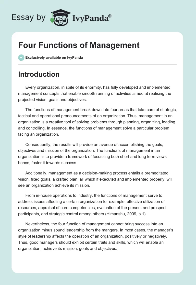 Four Functions of Management. Page 1