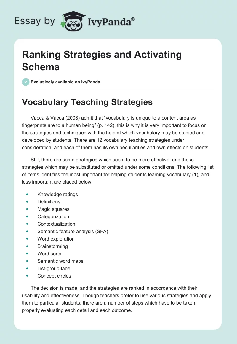 Ranking Strategies and Activating Schema. Page 1