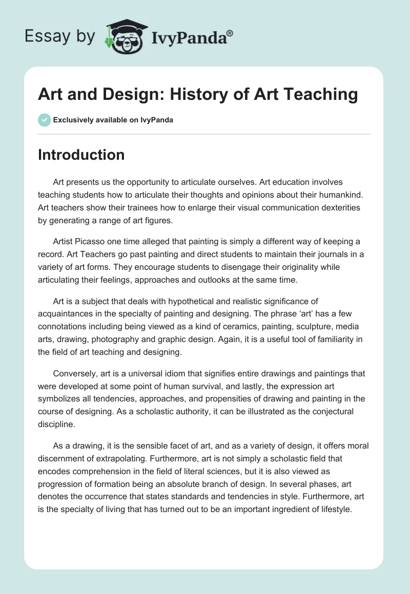 Art and Design: History of Art Teaching. Page 1