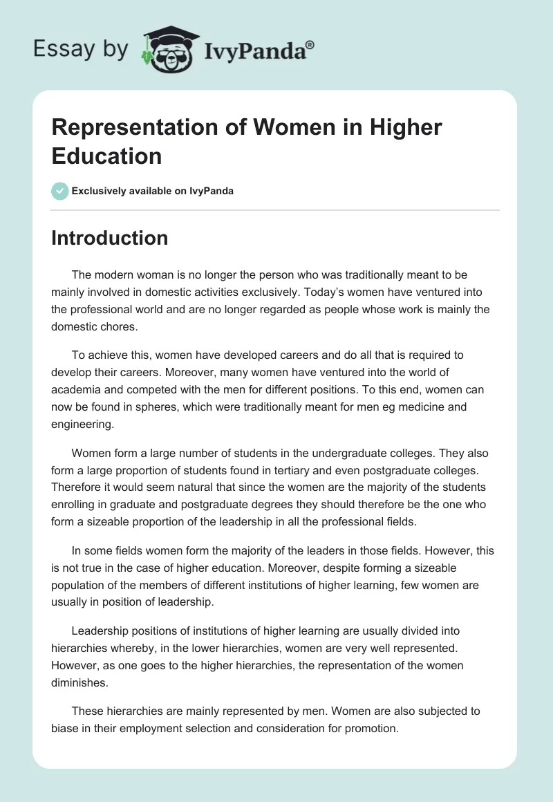 Representation of Women in Higher Education. Page 1