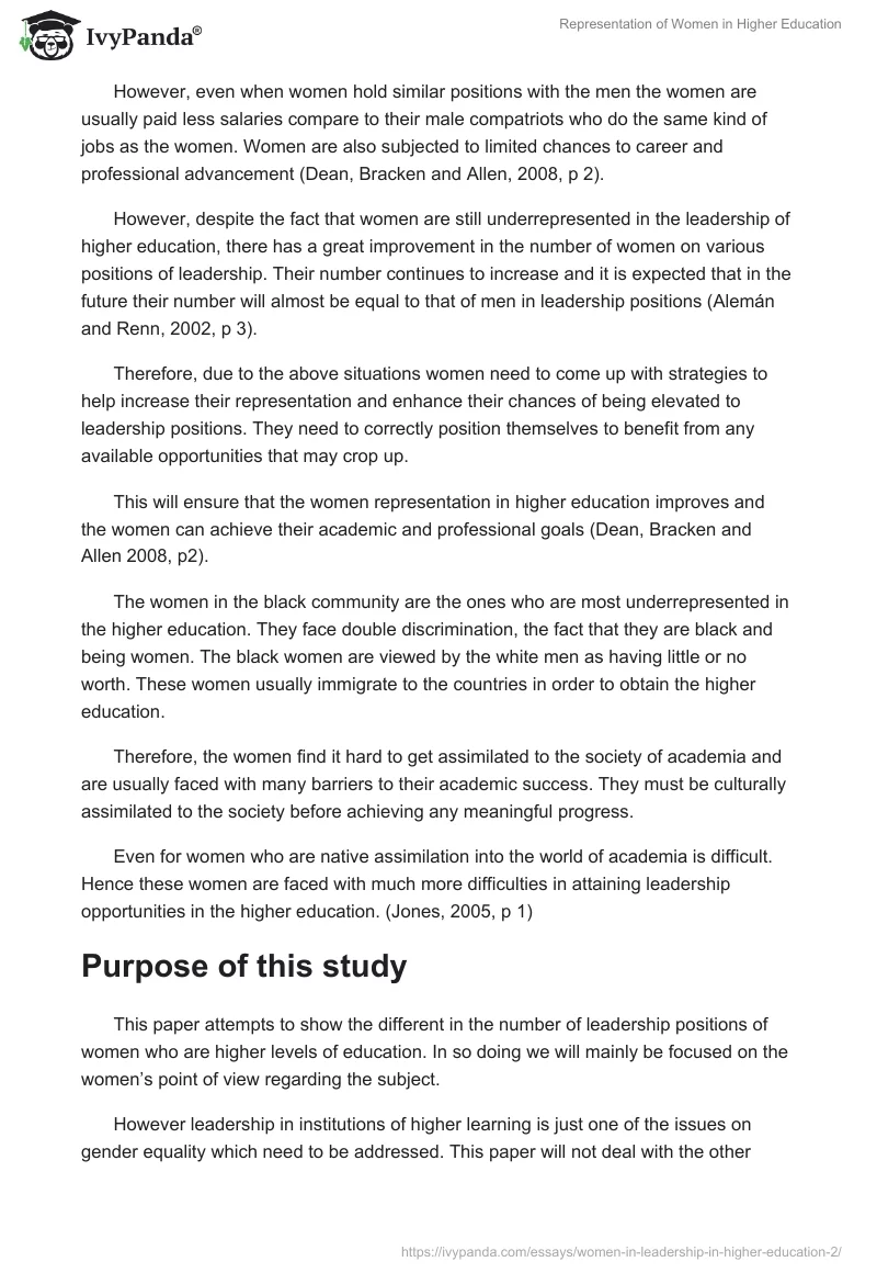 Representation of Women in Higher Education. Page 2