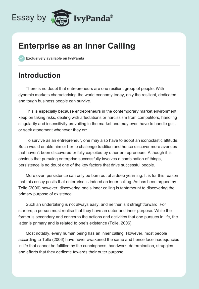 Enterprise as an Inner Calling. Page 1