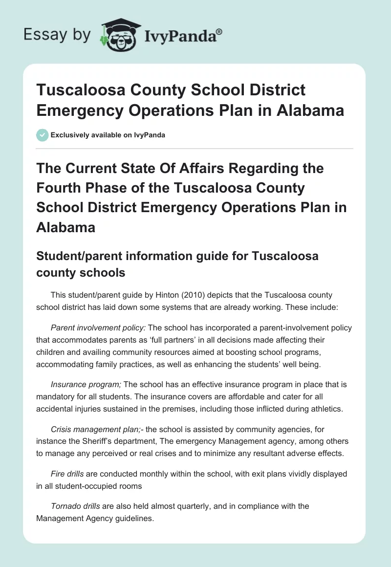 Tuscaloosa County School District Emergency Operations Plan in Alabama. Page 1