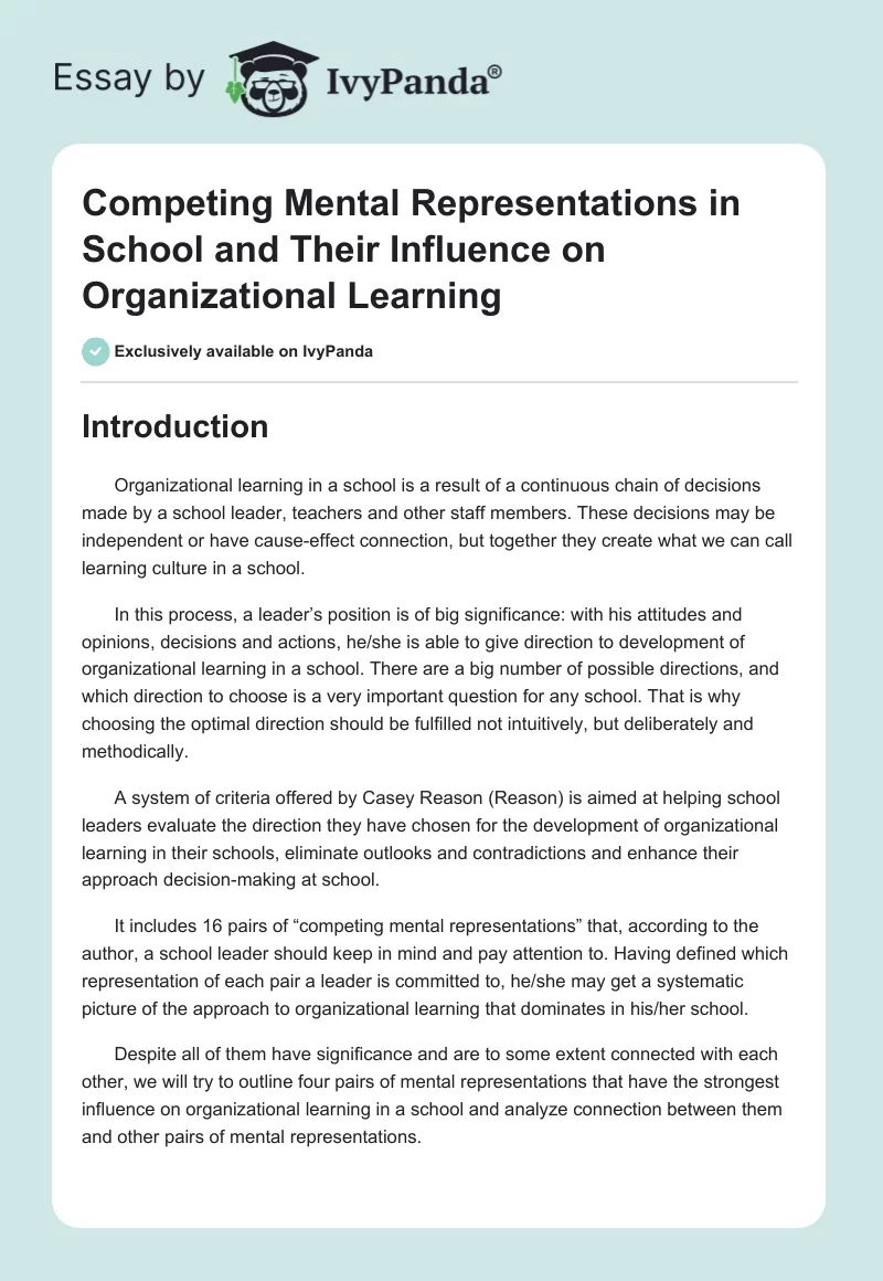 Competing Mental Representations in School and Their Influence on Organizational Learning. Page 1