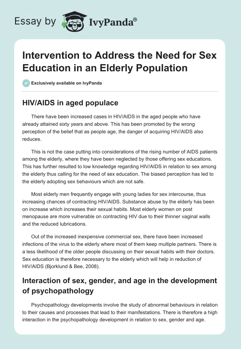 Intervention to Address the Need for Sex Education in an Elderly Population. Page 1