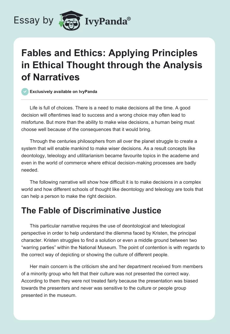 Fables and Ethics: Applying Principles in Ethical Thought through the Analysis of Narratives. Page 1