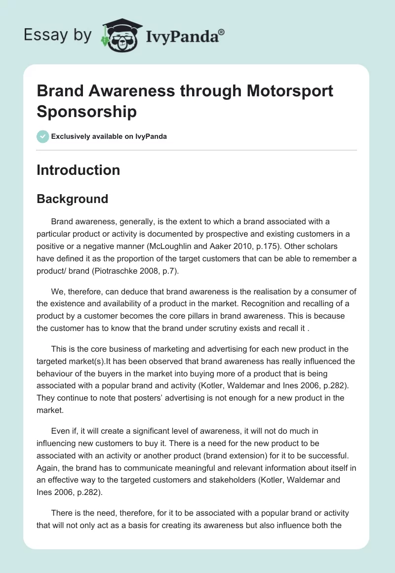 Brand Awareness Through Motorsport Sponsorship. Page 1