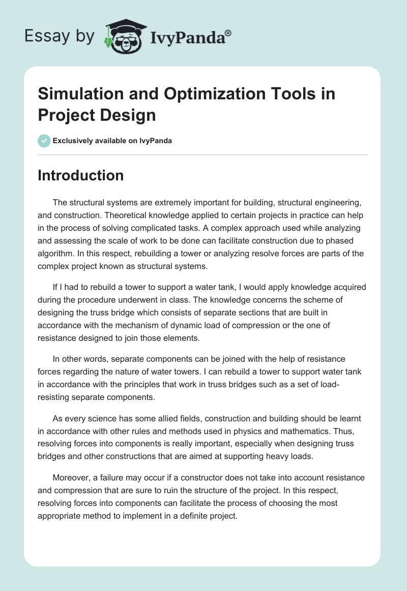 Simulation and Optimization Tools in Project Design. Page 1