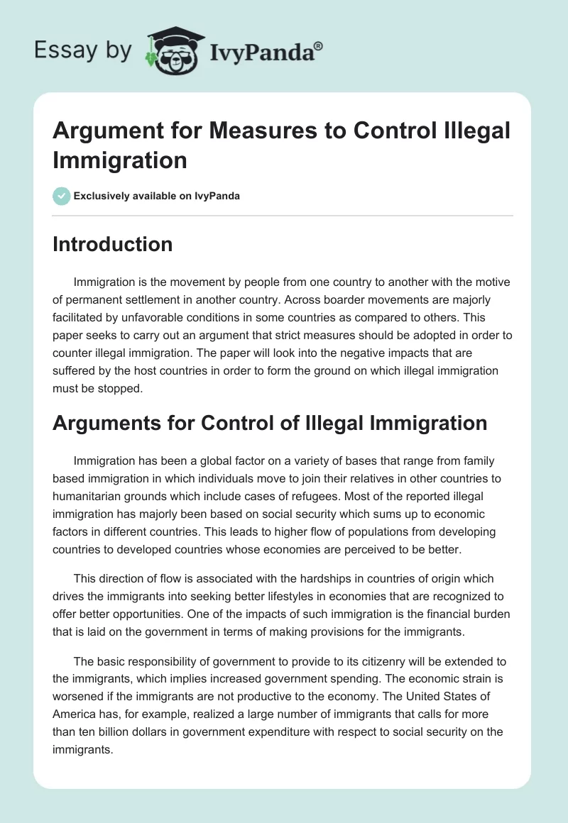 Argument for Measures to Control Illegal Immigration. Page 1