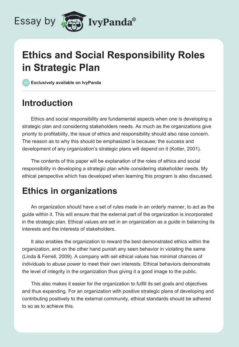Ethics and Social Responsibility Roles in Strategic Plan. Page 1