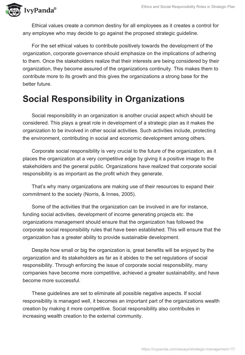 Ethics and Social Responsibility Roles in Strategic Plan. Page 2