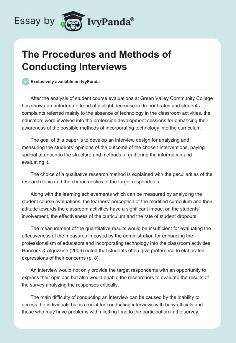 The Procedures and Methods of Conducting Interviews. Page 1