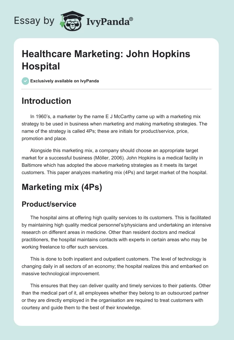 Healthcare Marketing: John Hopkins Hospital. Page 1