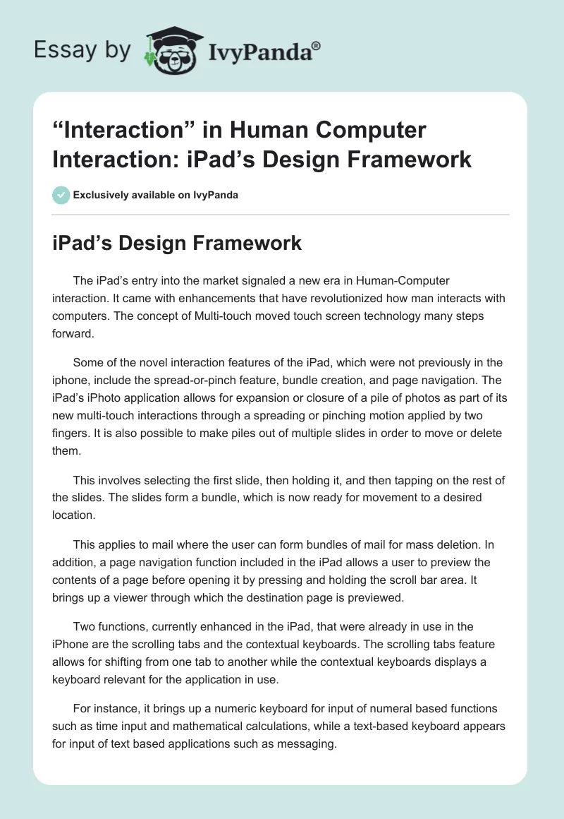 “Interaction” in Human Computer Interaction: iPad’s Design Framework. Page 1
