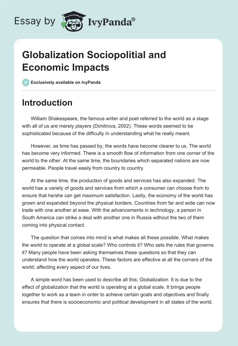 Globalization Sociopolitial and Economic Impacts. Page 1