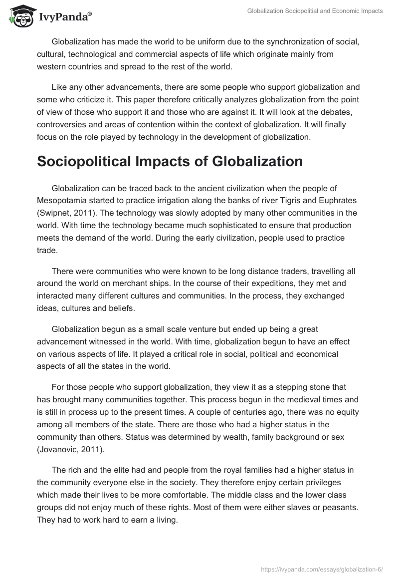 Globalization Sociopolitial and Economic Impacts. Page 2