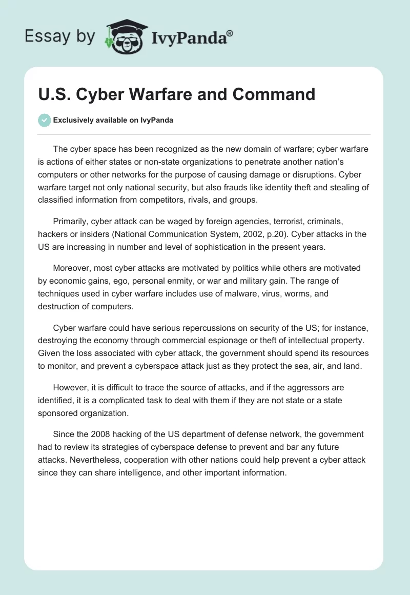 U.S. Cyber Warfare and Command. Page 1