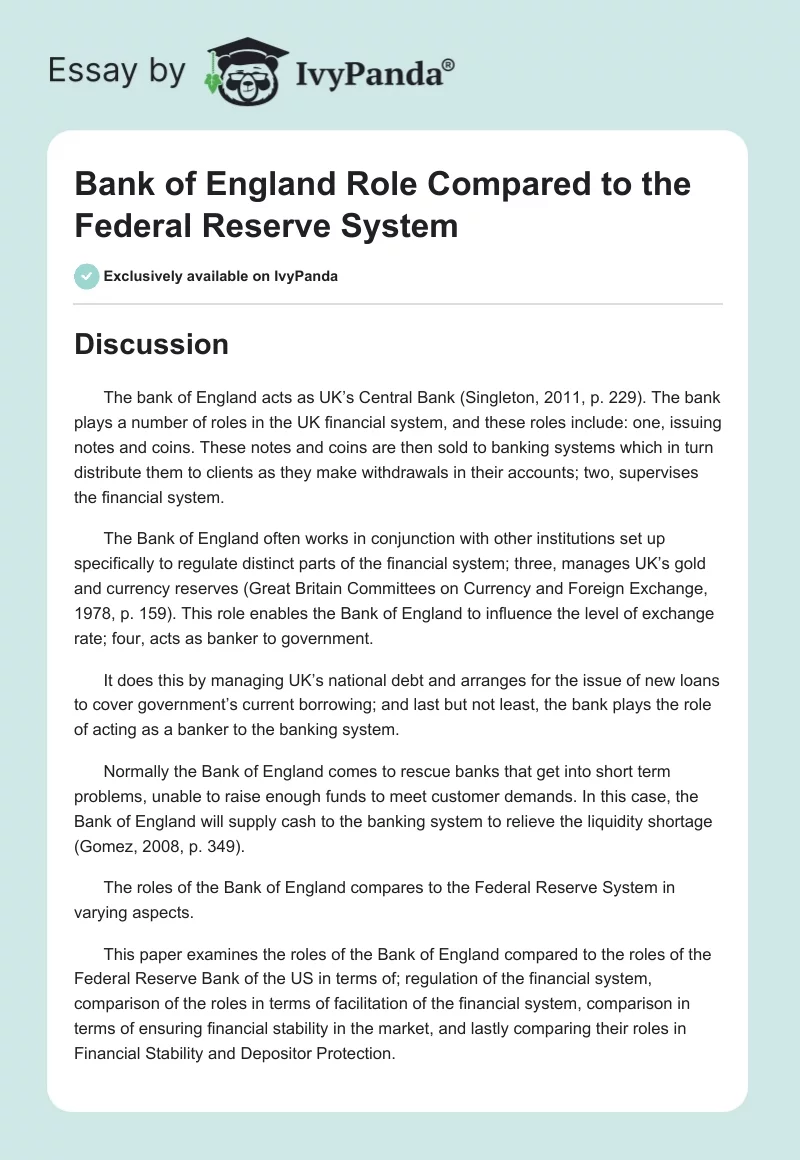 Bank of England Role Compared to the Federal Reserve System. Page 1