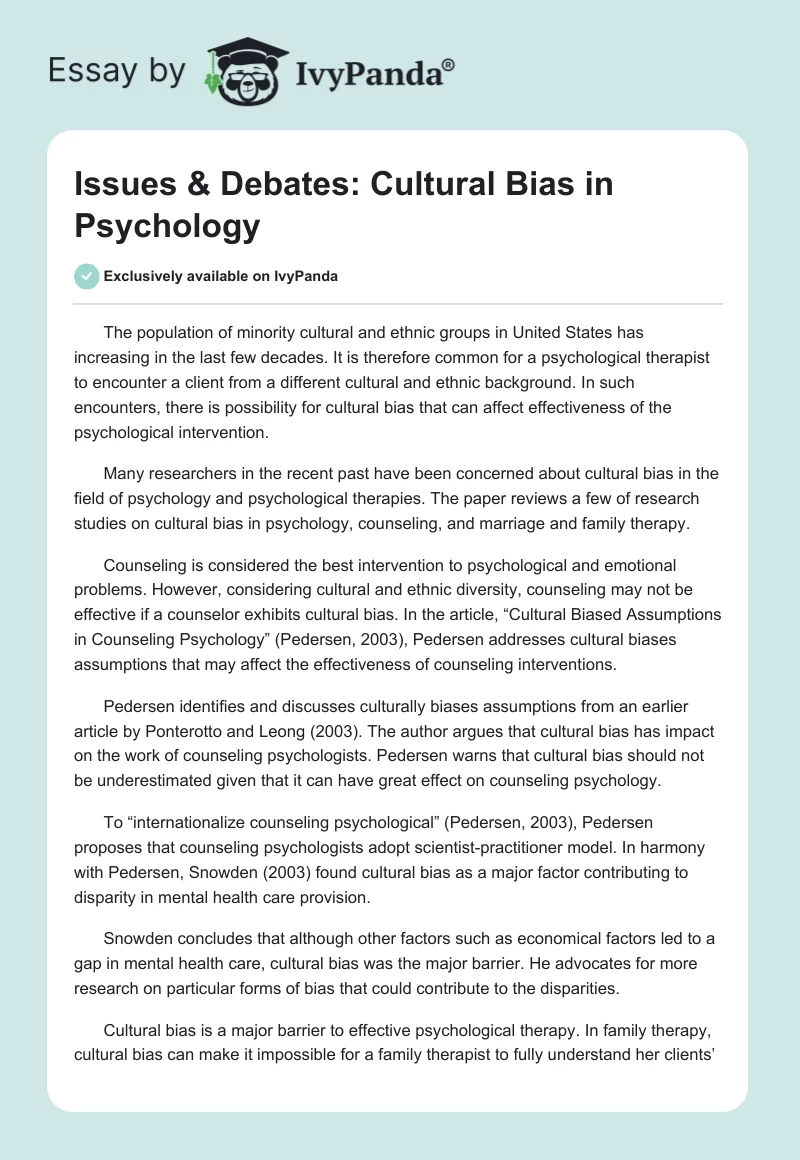 Issues & Debates: Cultural Bias in Psychology. Page 1