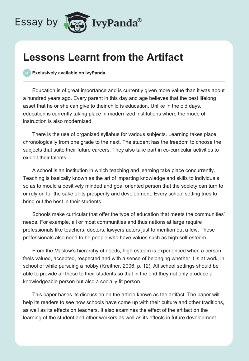 Lessons Learnt from the Artifact. Page 1
