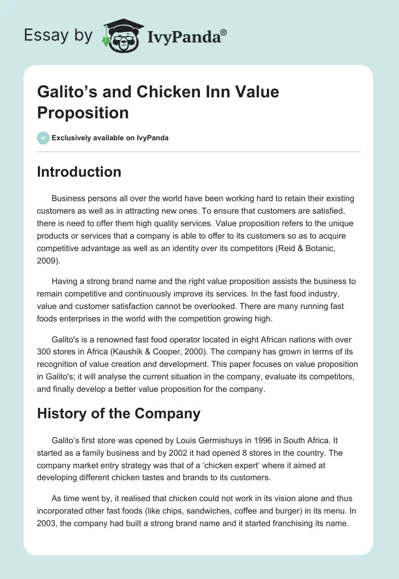 Galito’s and Chicken Inn Value Proposition. Page 1