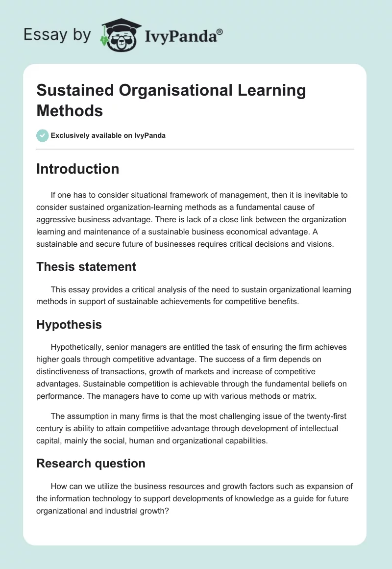 Sustained Organisational Learning Methods. Page 1