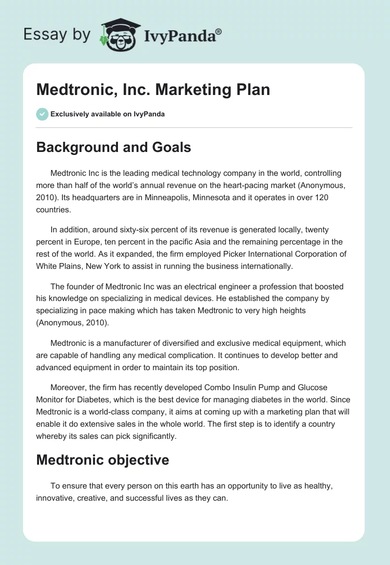 Medtronic, Inc. Marketing Plan. Page 1