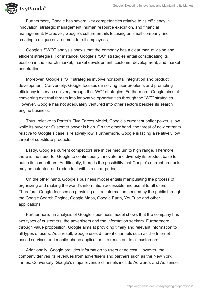 Google: Executing Innovations and Maintaining Its Market. Page 2