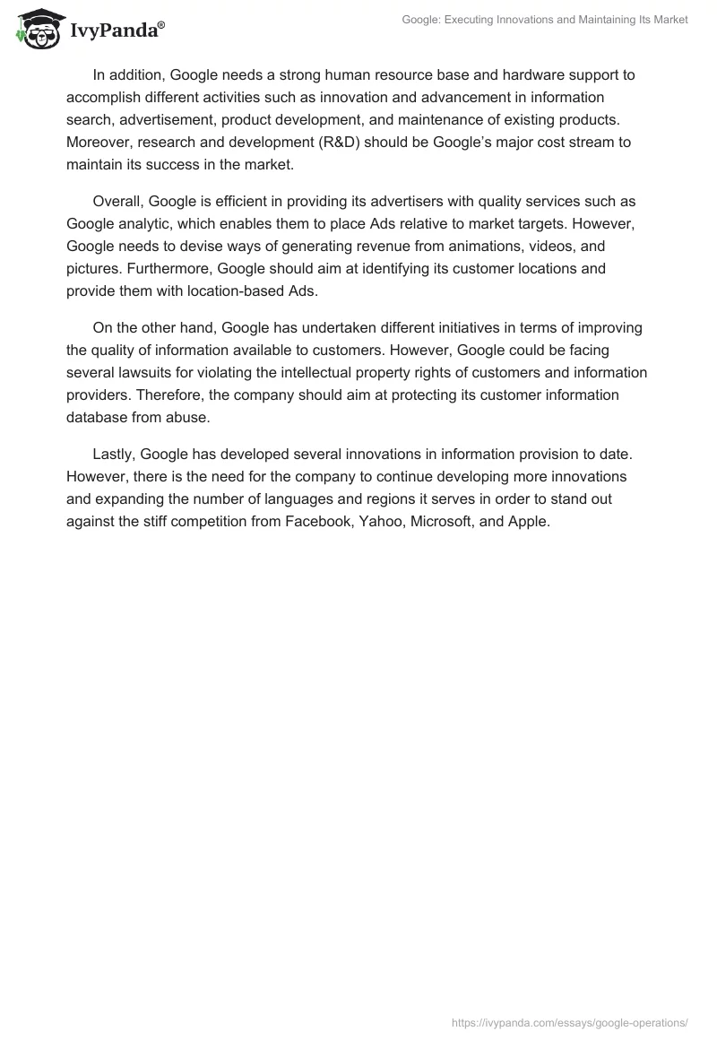 Google: Executing Innovations and Maintaining Its Market. Page 3