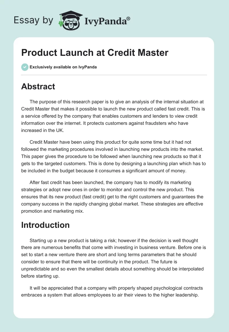 Product Launch at Credit Master. Page 1
