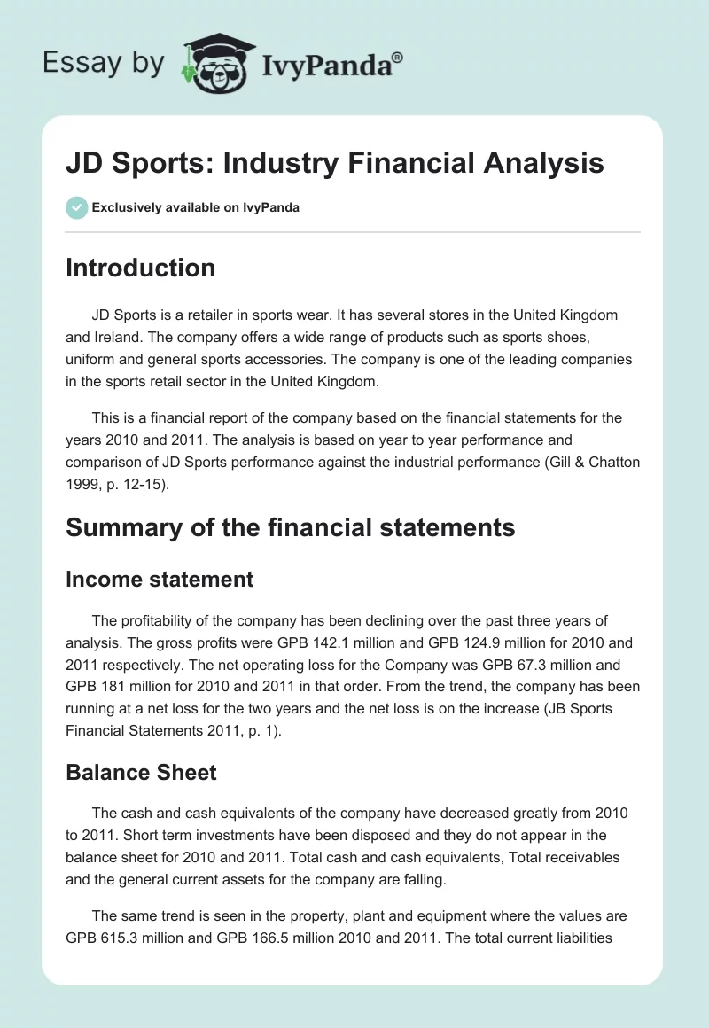 JD Sports Industry Financial Analysis 1114 Words Report Example