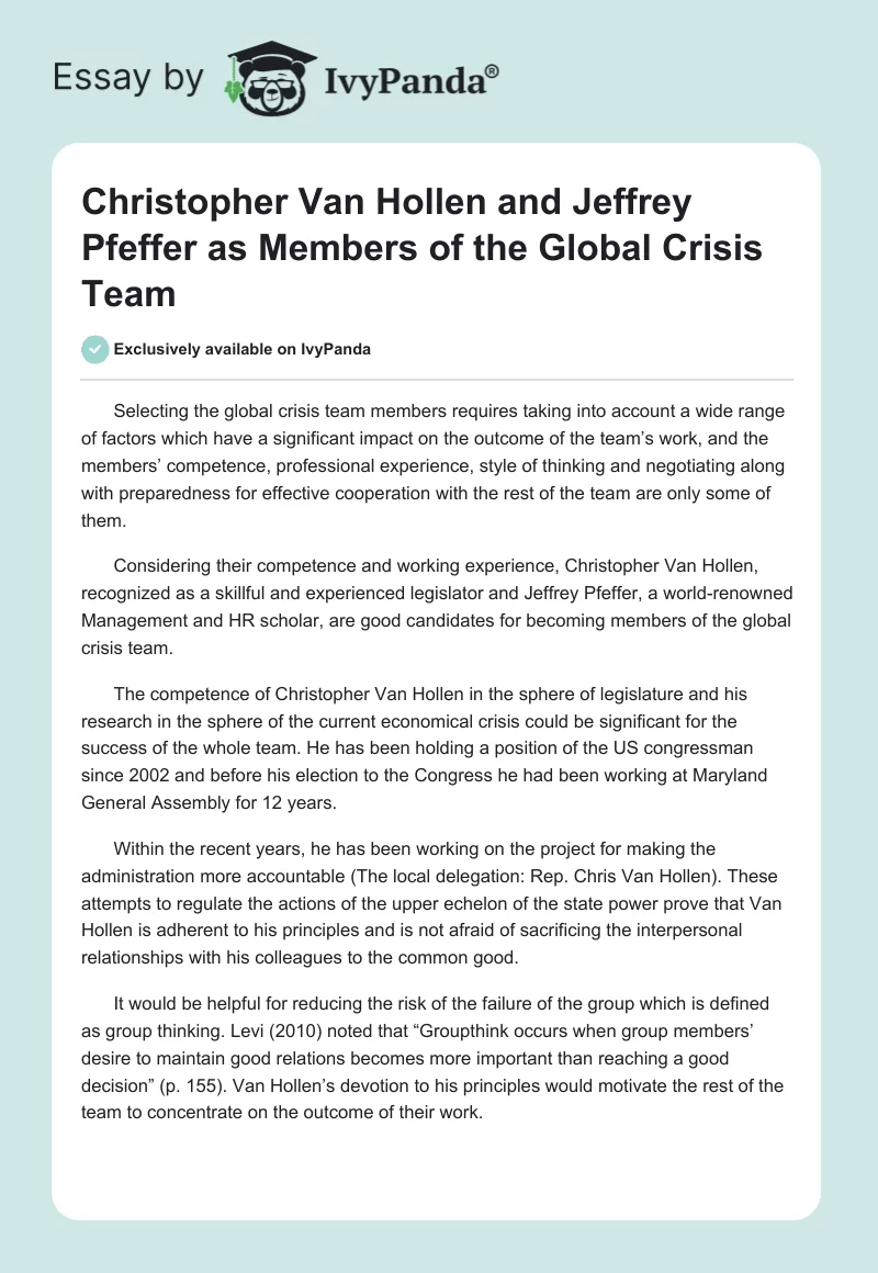 Christopher Van Hollen and Jeffrey Pfeffer as Members of the Global Crisis Team. Page 1