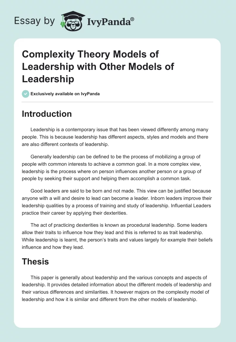 Complexity Theory Models of Leadership with Other Models of Leadership. Page 1