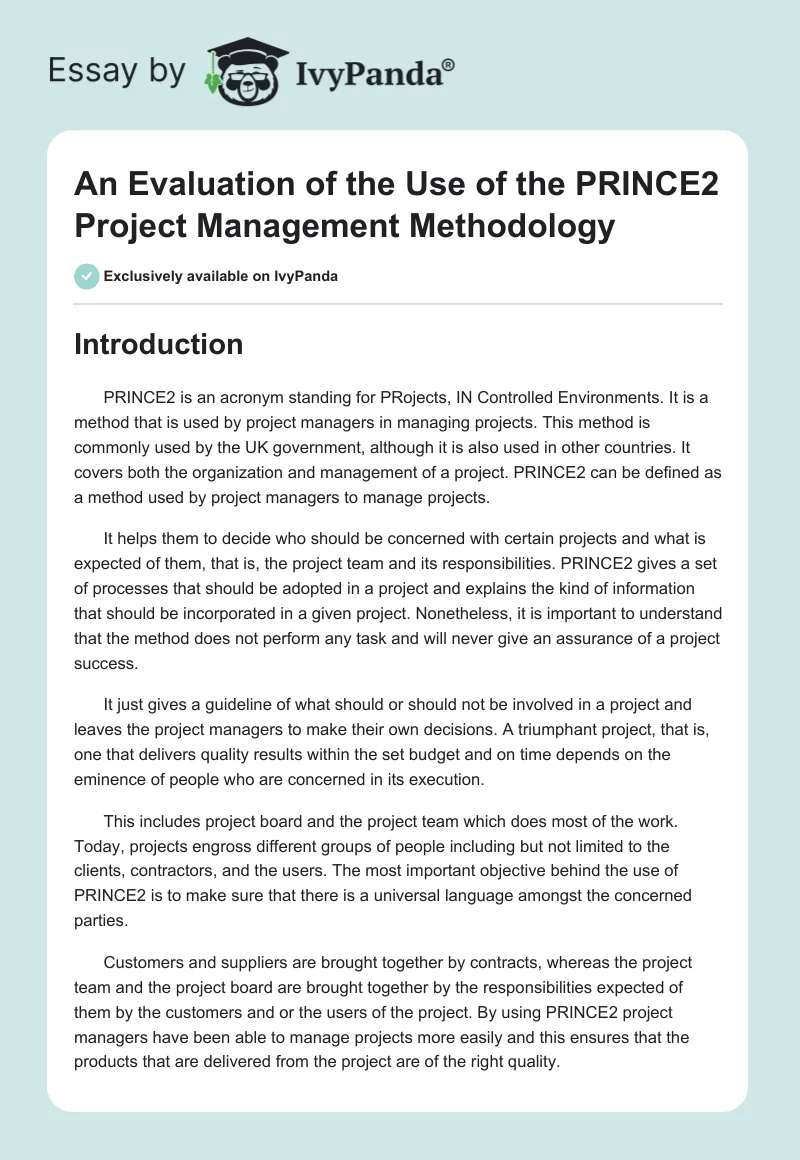 An Evaluation of the Use of the PRINCE2 Project Management Methodology. Page 1