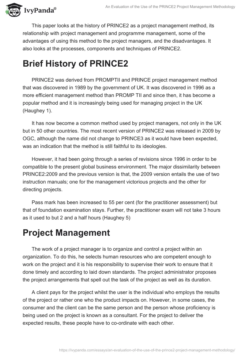 An Evaluation of the Use of the PRINCE2 Project Management Methodology. Page 2