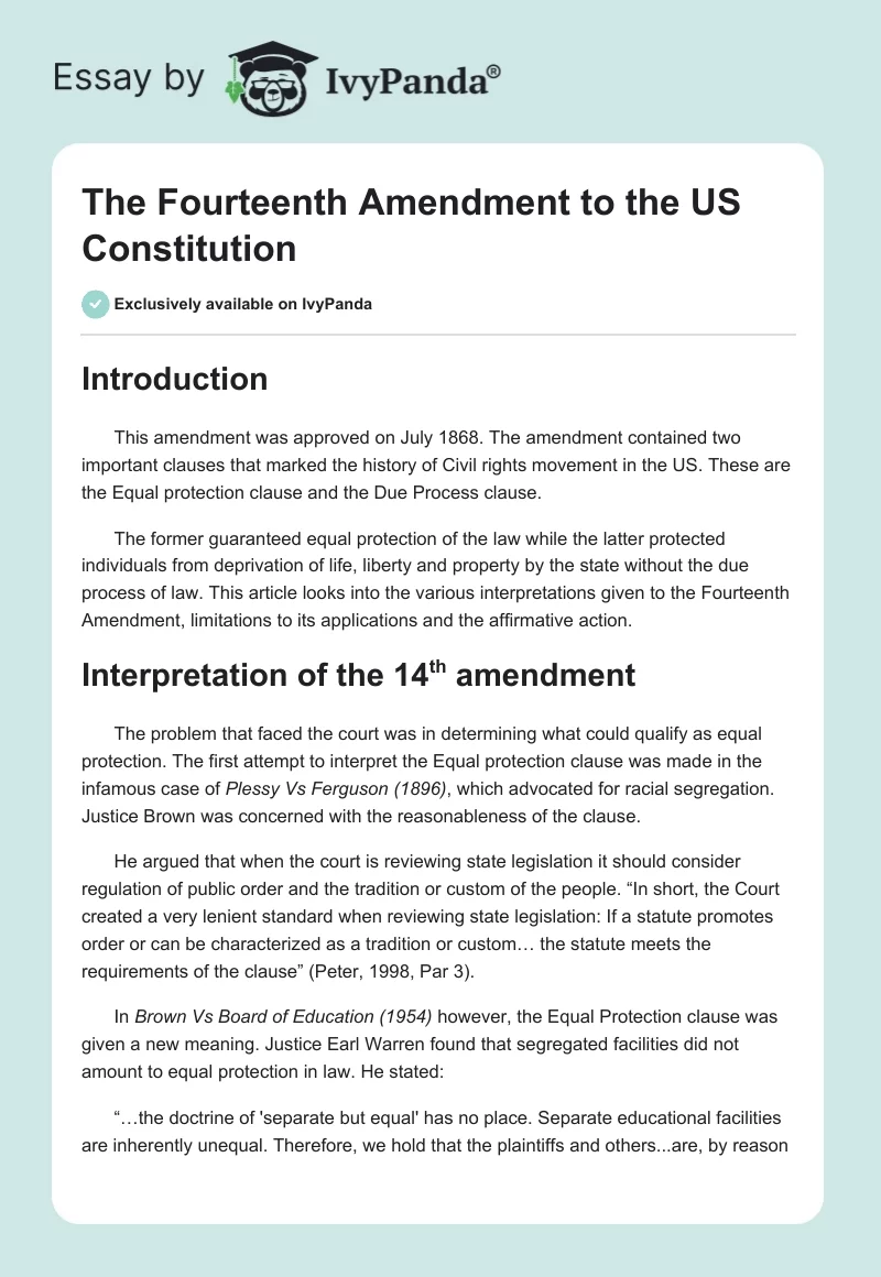The Fourteenth Amendment to the US Constitution. Page 1