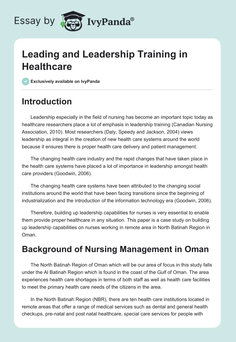 Leading and Leadership Training in Healthcare. Page 1