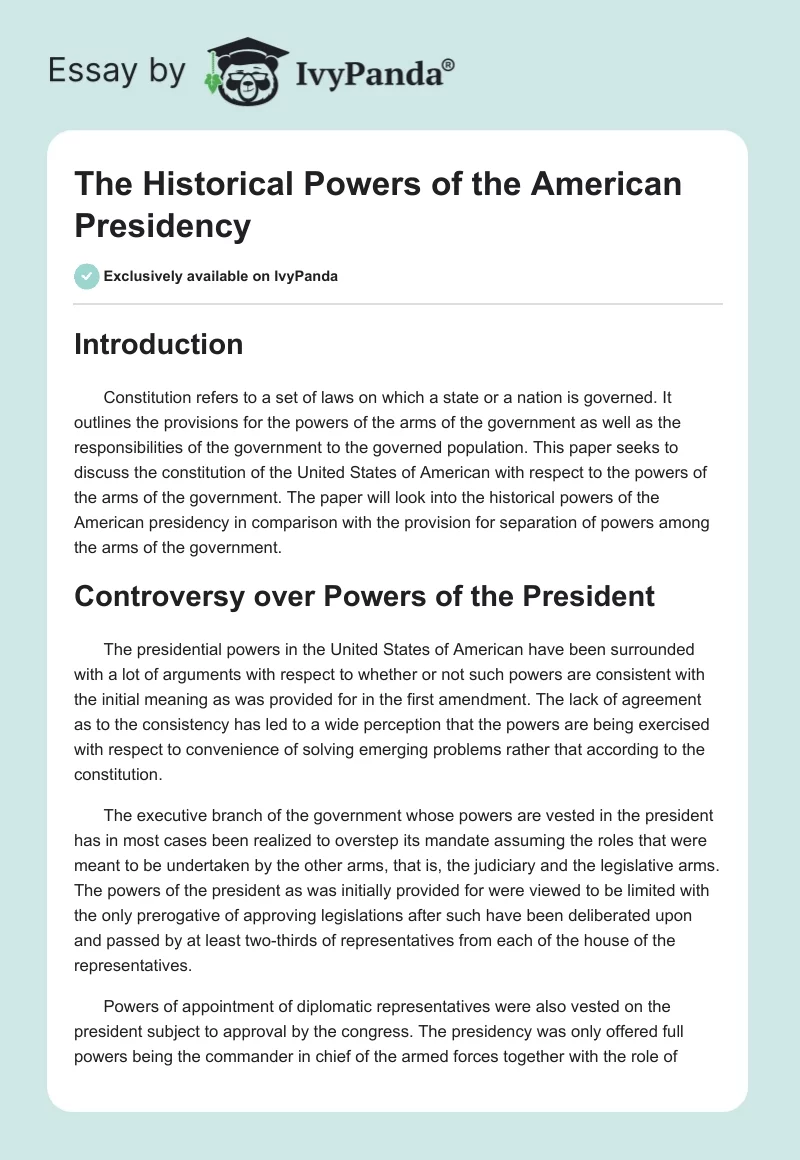 The Historical Powers of the American Presidency. Page 1