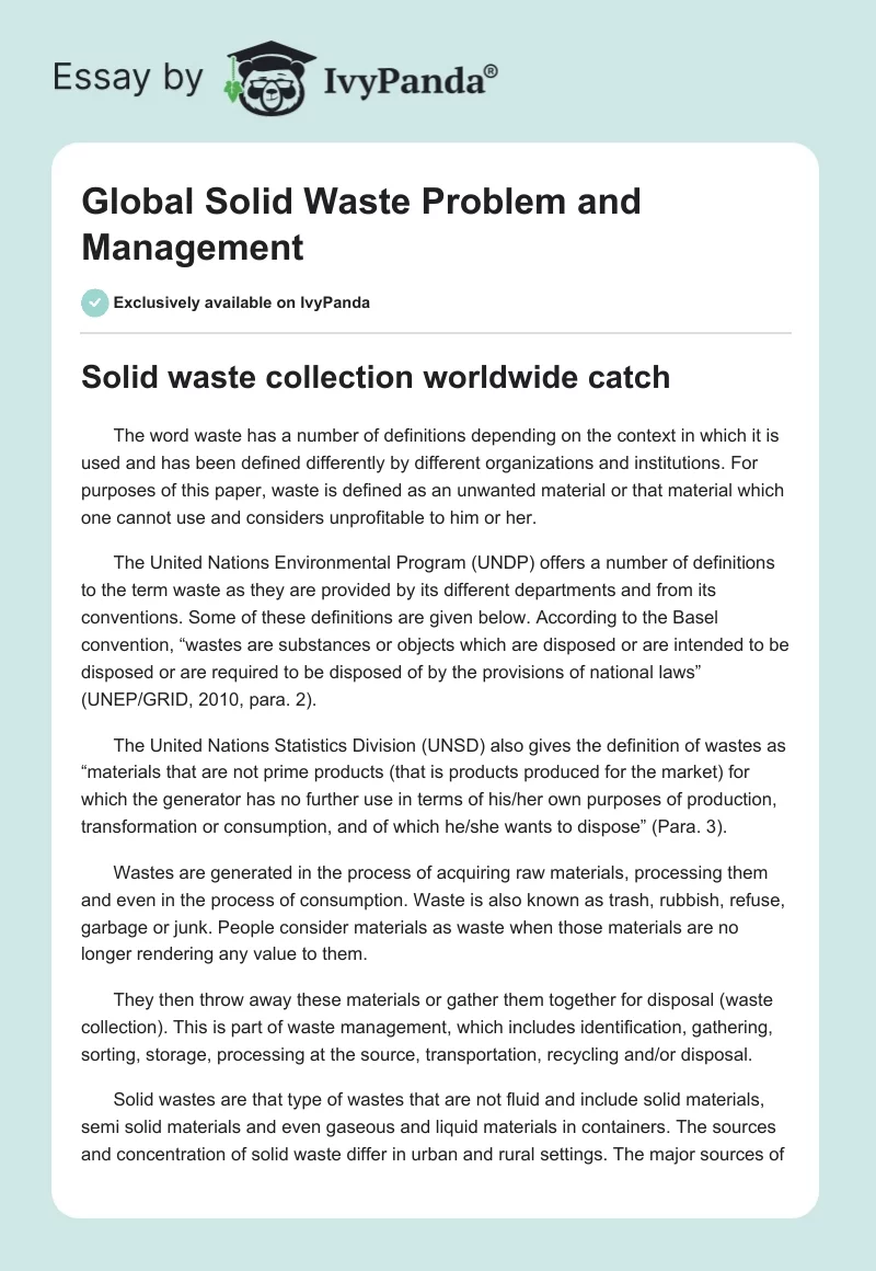 Global Solid Waste Problem and Management. Page 1