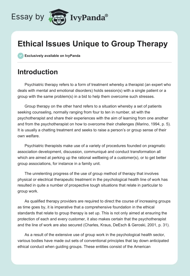 Ethical Issues Unique to Group Therapy. Page 1