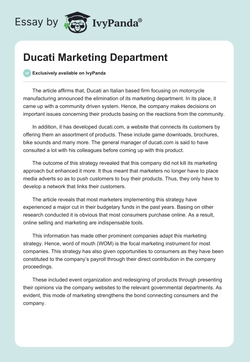 Ducati Marketing Department. Page 1