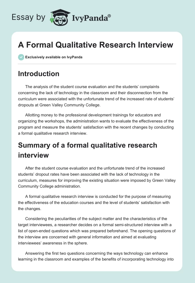 A Formal Qualitative Research Interview. Page 1