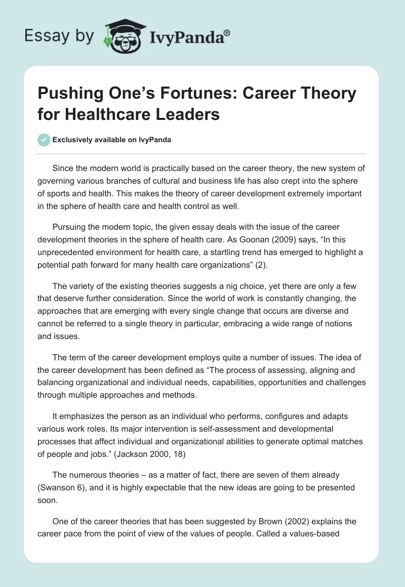 Pushing One’s Fortunes: Career Theory for Healthcare Leaders. Page 1