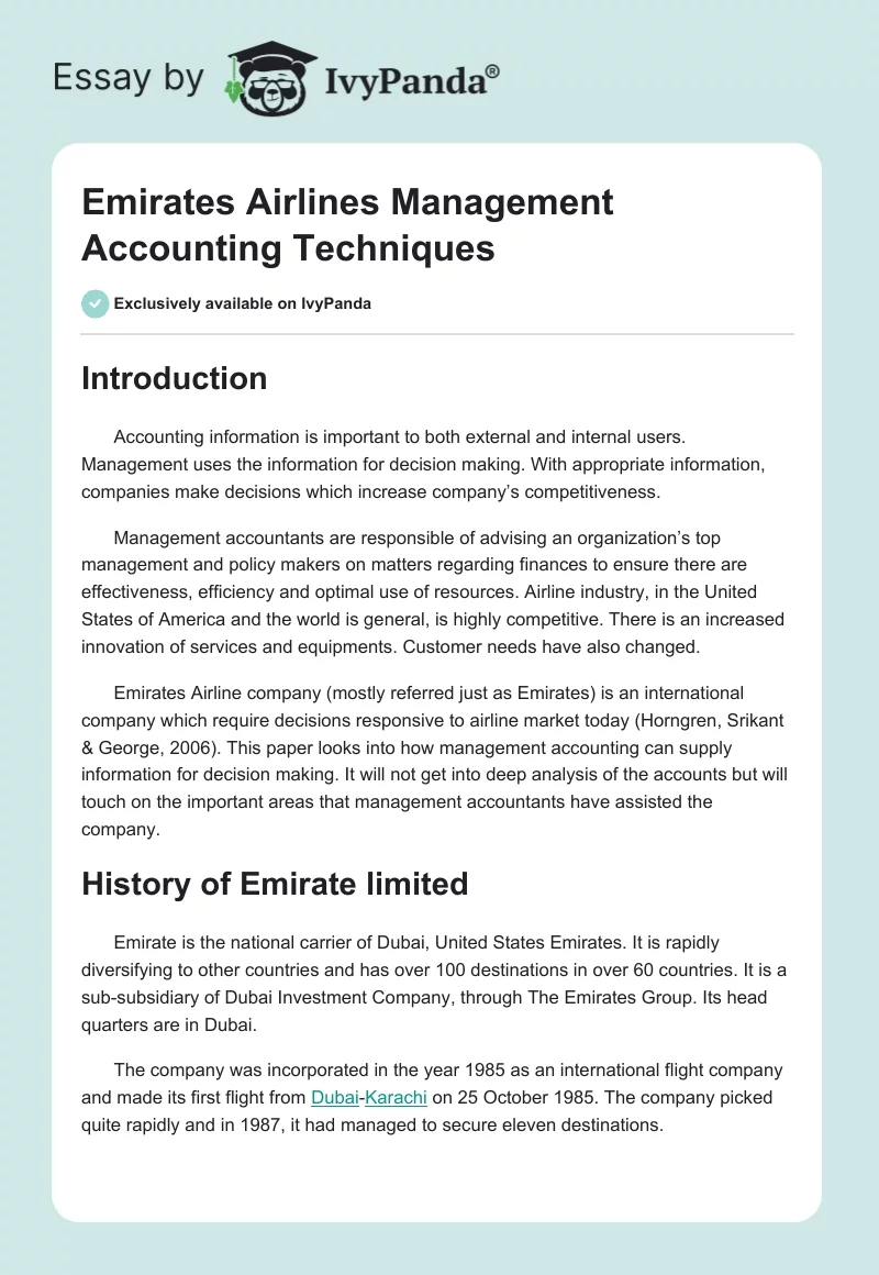 Emirates Airlines Management Accounting Techniques. Page 1